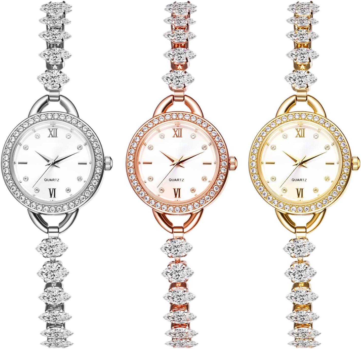 JewelryWe Bling Watches for Women: Ladies Analog Quartz Casual Iced Out Case Crystal Strap Roman Numeral Dial Bracelet Wristwatch Gift for Valentine's Day - Image 3