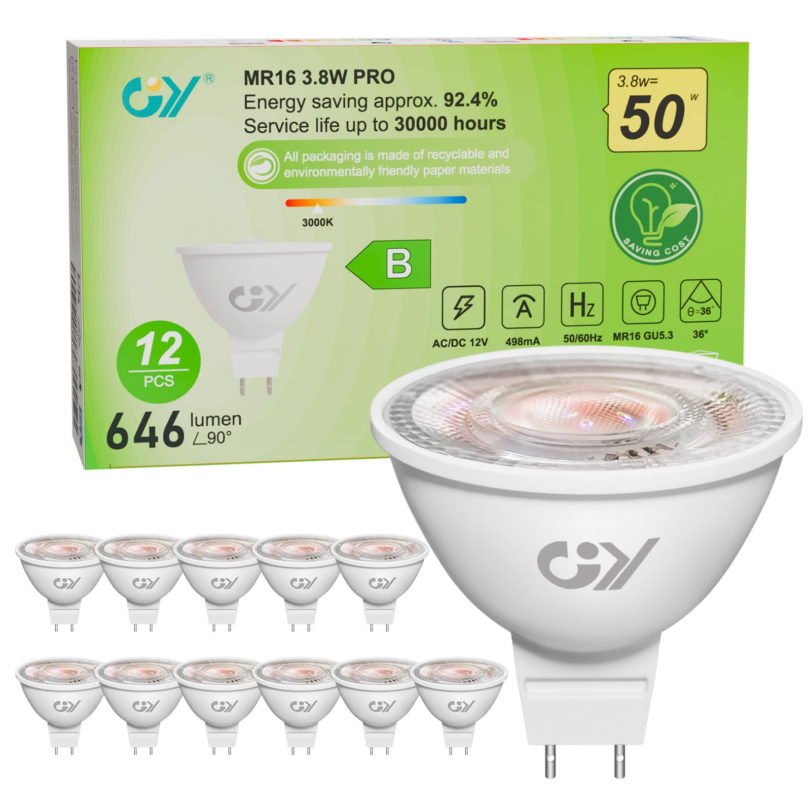 GY GU5.3 Class-B LED Bulbs MR16 3.8W 36° Angle LED Spot (Narrow Beam),12V 646LM 3000K Warm White,Equivalent 50W, Energy Efficient, Non-Dimmable, No Flicker, Pack of 12 — image 1