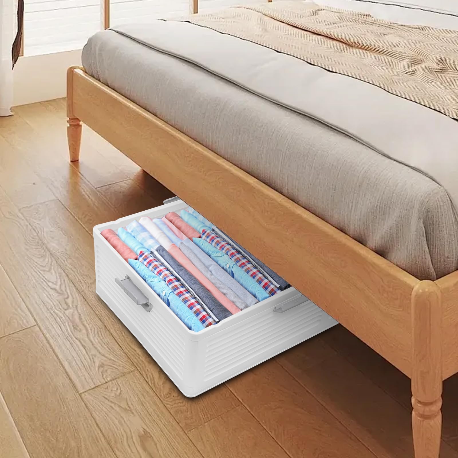 Aufbewahrungsbox mit Deckel, Unterbett Aufbewahrungsorganizer mit Unterer Flaschenzug & Seitlicher Handgriff, zur Aufbewahrung von Kleidung, Spielzeug, Bücher, 101 * 51.5 * 24cm (Weiß)