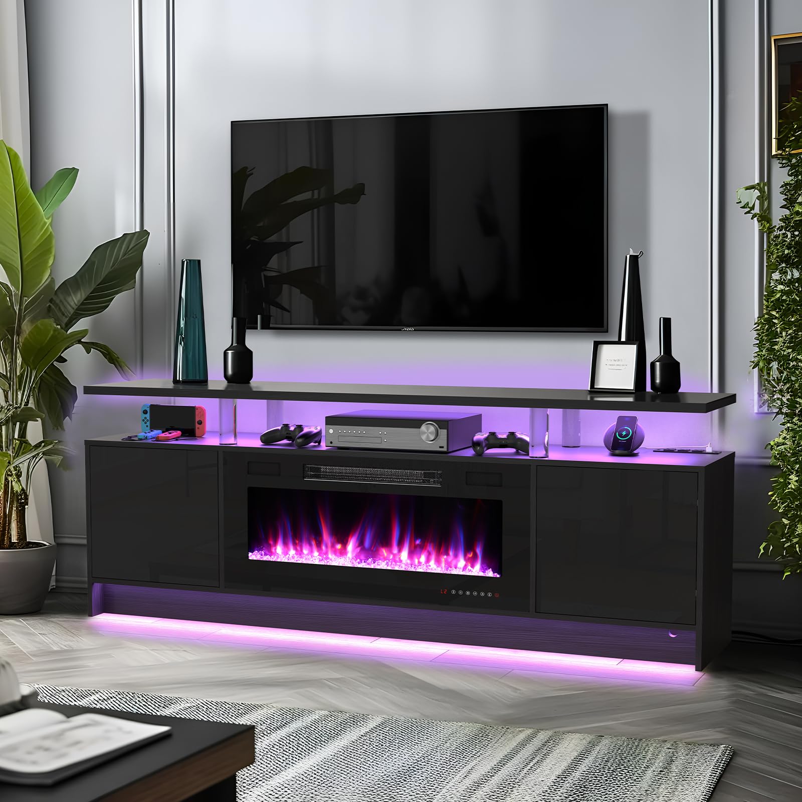 70" Fireplace TV Stand with 36" Fireplace LED Lights, Modern Fireplace Entertainment Center for TVs Up to 80", 2 Tier TV Console Cabinet for Living Room