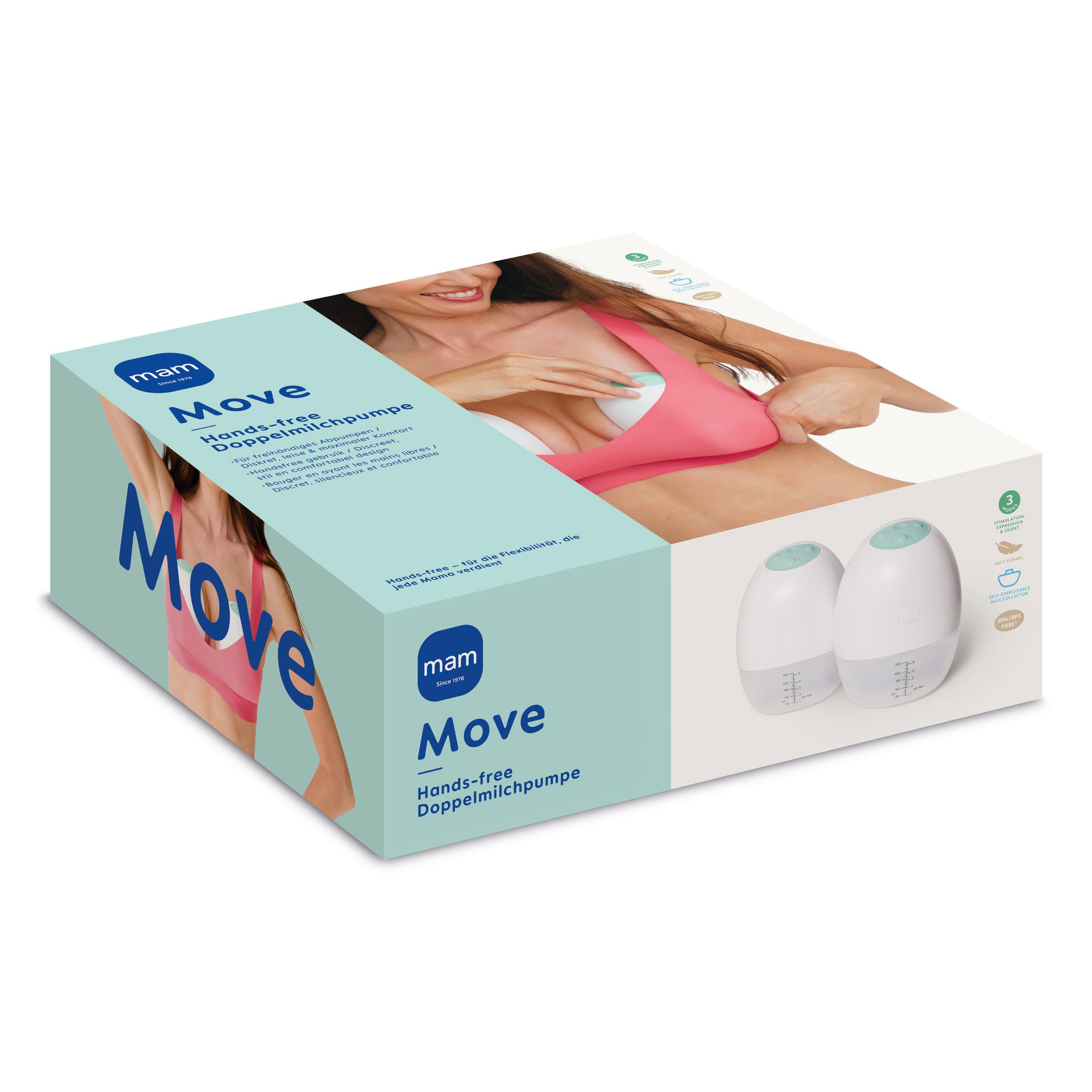 MAM Move Doppelmilchpumpe Elektrisch | Handsfree ohne Schläuche oder Kabel | Passt dank Schlankem Design in Jeden BH | mit 3 Modi für Effizientes & Diskretes Abpumpen - 3