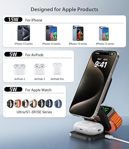Miniatura 4 de Cargador inalámbrico magnético, estación de carga inalámbrica plegable 3 en 1, soporte de cargador inalámbrico rápido para iPhone 15 14 13 12 Pro