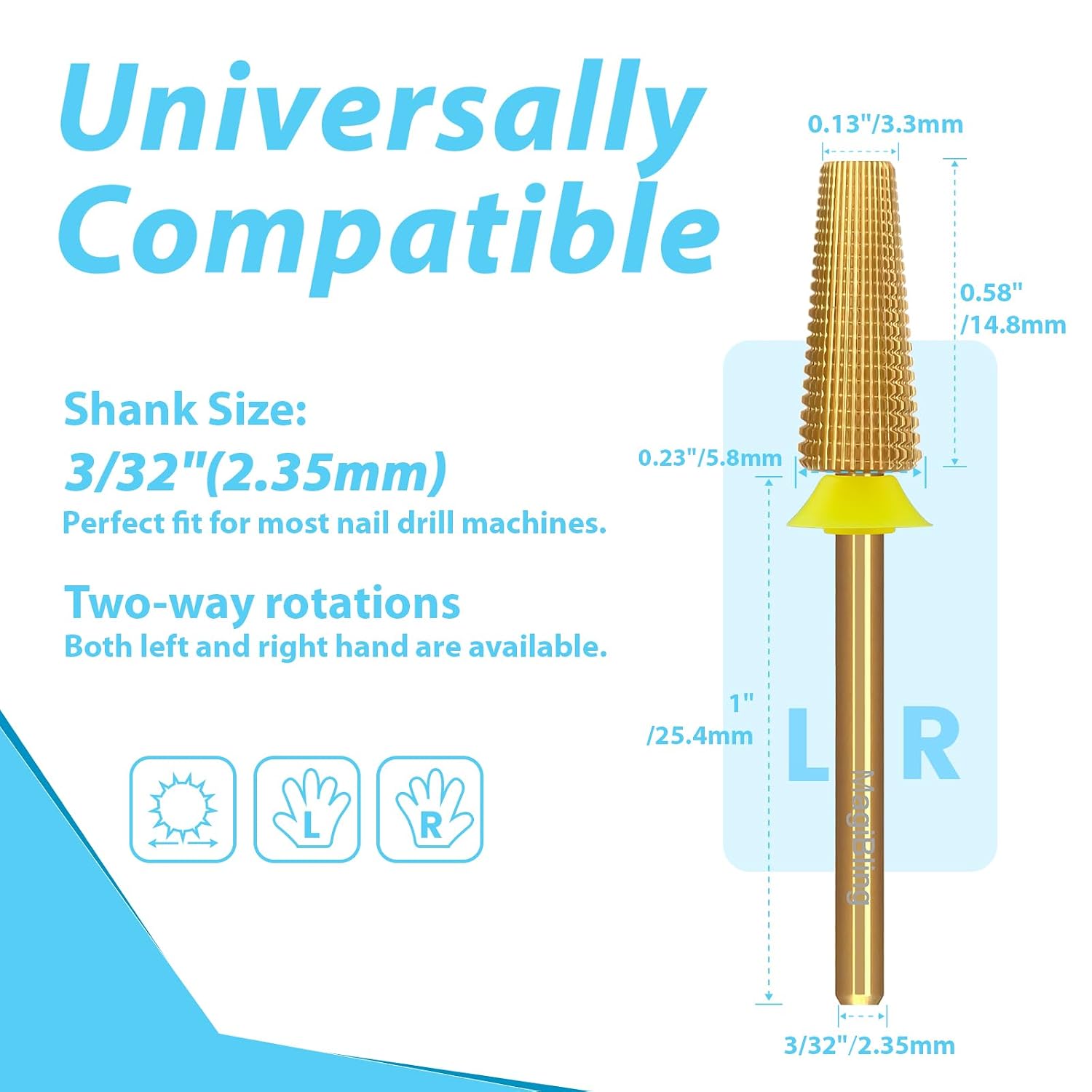 Flat Top 5-in-1 Straight Cut Nail Drill Bit, 14.8mm Tapered Barrel 3/32’’ Tungsten Carbide Efile Bit, Soft Hard Gel Acrylic Removal Polishing, Professional Left & Right Hand Salon Bit, Extra Fine(XF) image 3