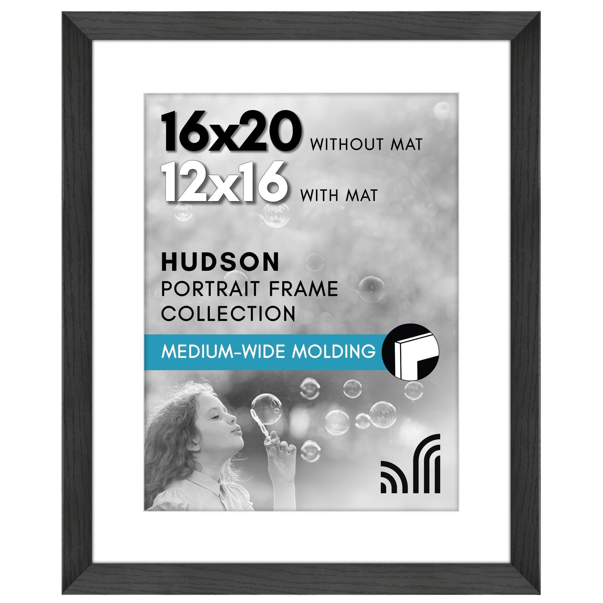 Americanflat 16x20 Picture Frame with Polished Plexiglass - Use as 12x16 Frame with Mat or Display 16x20 Photo Without Mat - Hudson Collection - Wide Picture Frames for Wall Display - Black