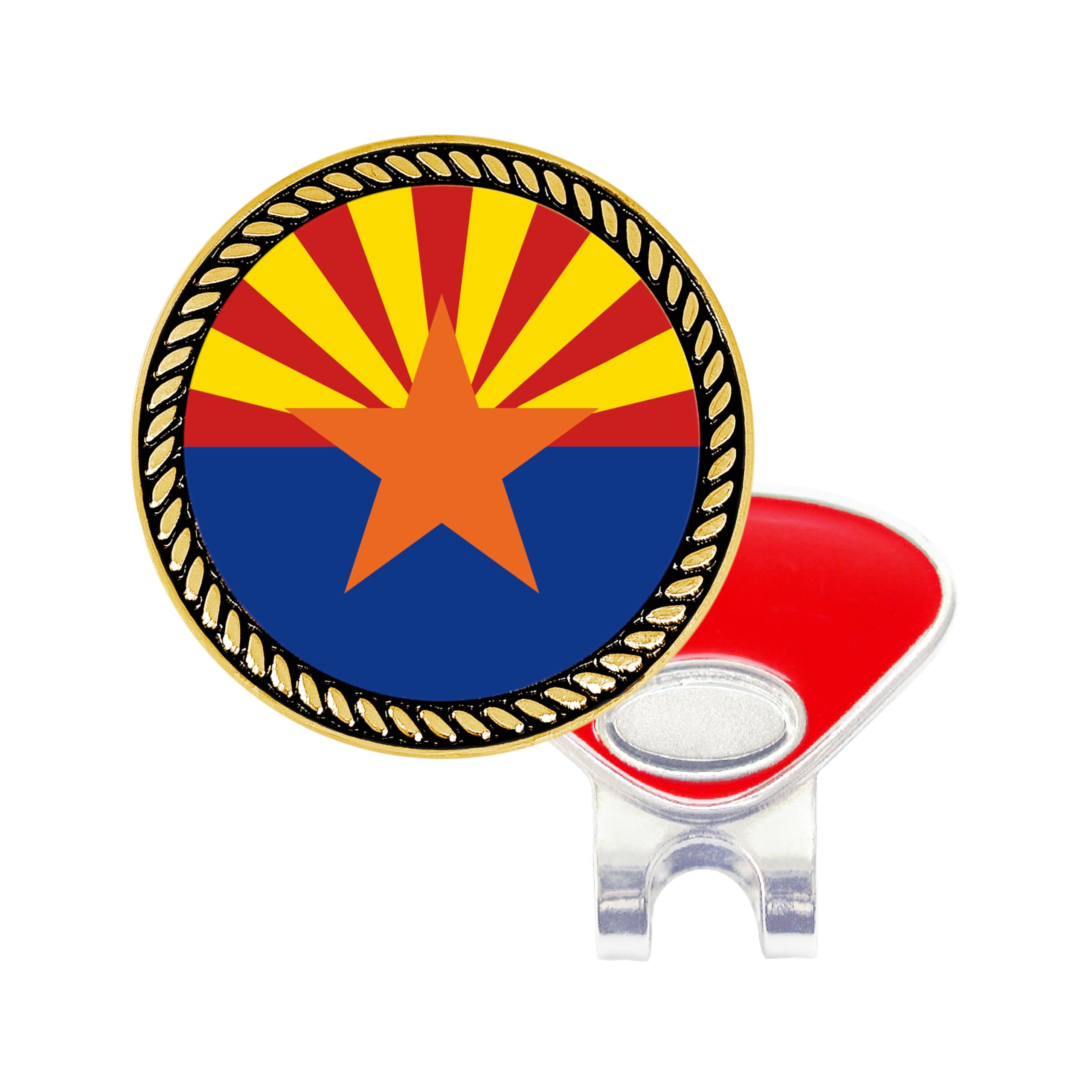 NAVIKA Arizona State Flag Golf Ball Marker with Classy Gold Edge | Hat Clip Included | AZ Logo Themed Gift for Golfers | Arizona Souvenir| Size 28 mm