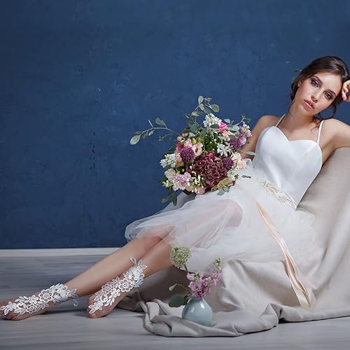 Miniatura 5 de Janmercy 2 pares de sandalias descalzas de encaje sexy bordado tobillera con anillo para los dedos del pie, joyería floral vintage para mujer