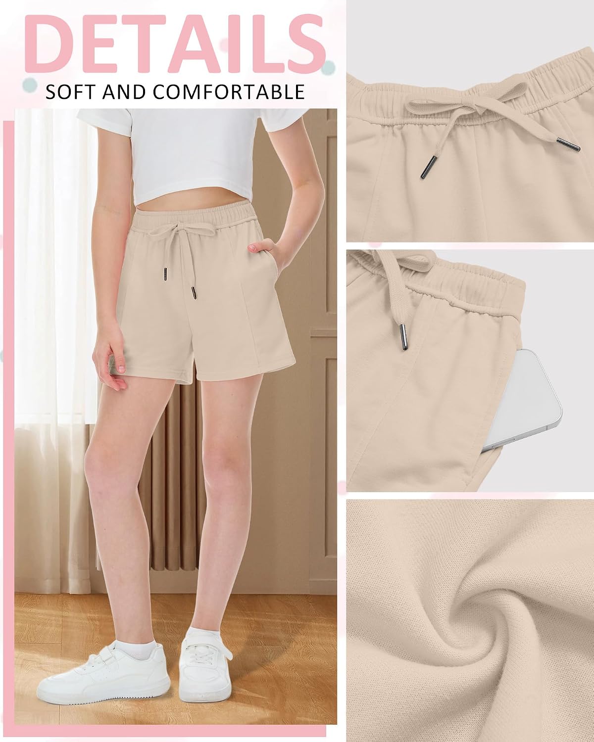 3 Pack Girls' Shorts Summer Kids Drawstring Elastic Waist Casual Athletic Loose Shorts with Pockets 5-14 Years