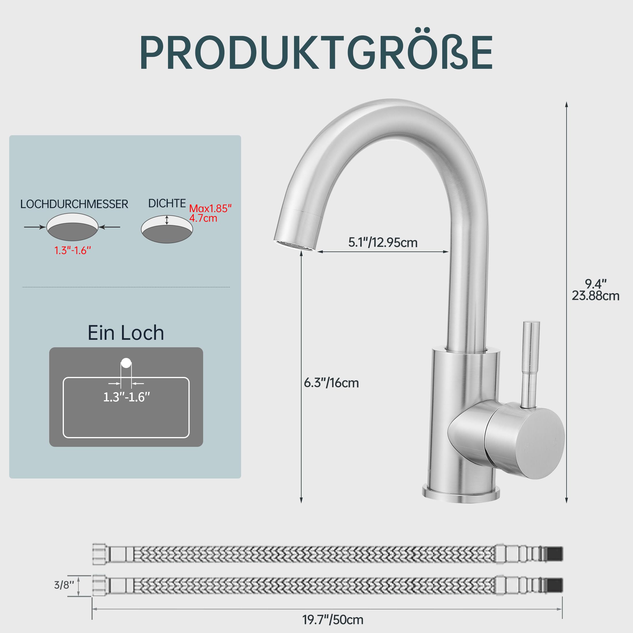 Fransiton Rubinetto da bagno alto, girevole a 360°, a risparmio d'acqua, con miscelatore ad acqua calda/fredda, facile da montare per bagno/cucina, piccolo camper (acciaio inox)