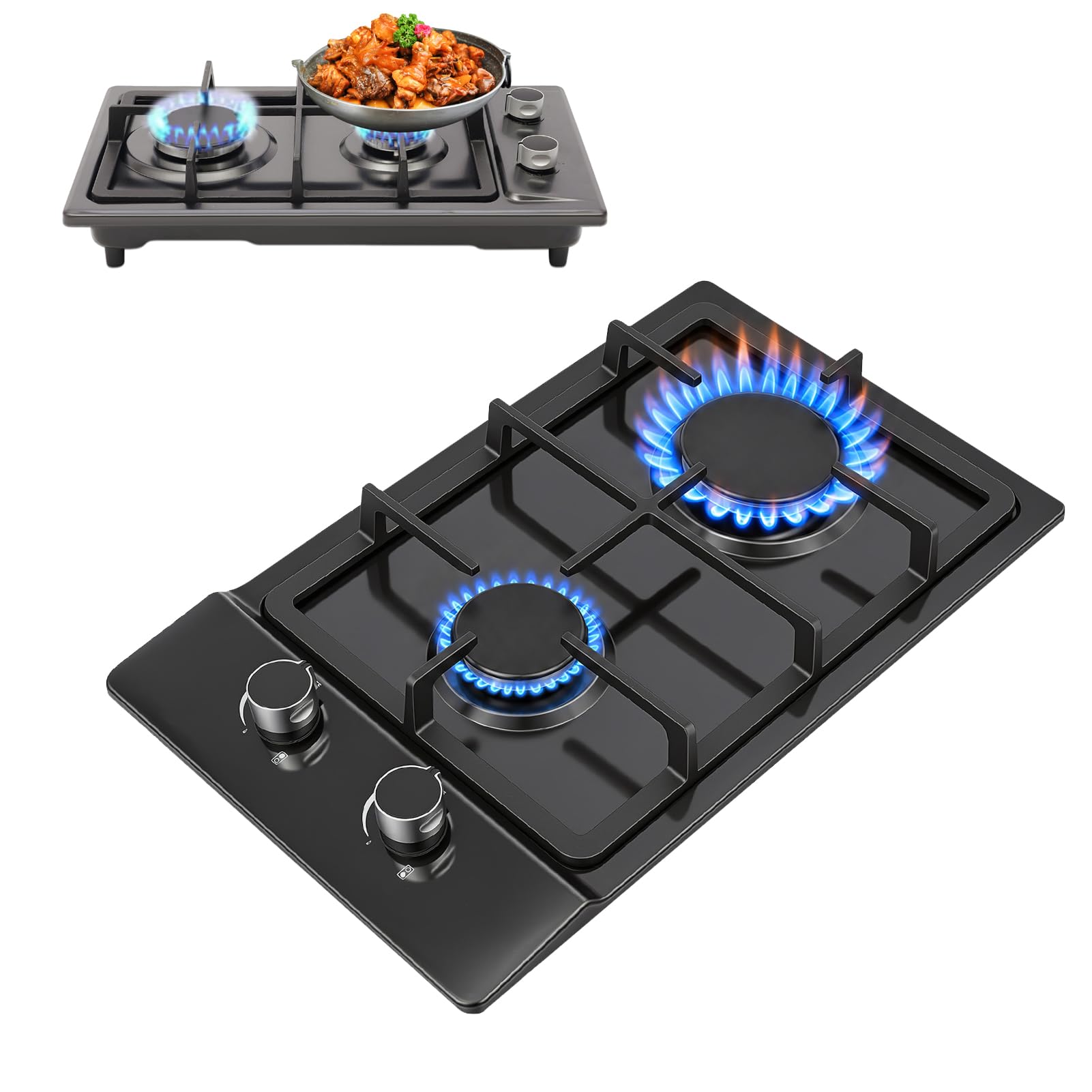 Gasherd, Gaskocher 2 Flammig Gas Pipe, 3KW+1.75KW Gaskochfeld | Kochplatte Elektrisch mit Pressure Reducing Valve für Küche, Büro oder Camping, 2800 Pa, für Propan und Erdgas, Schwarz