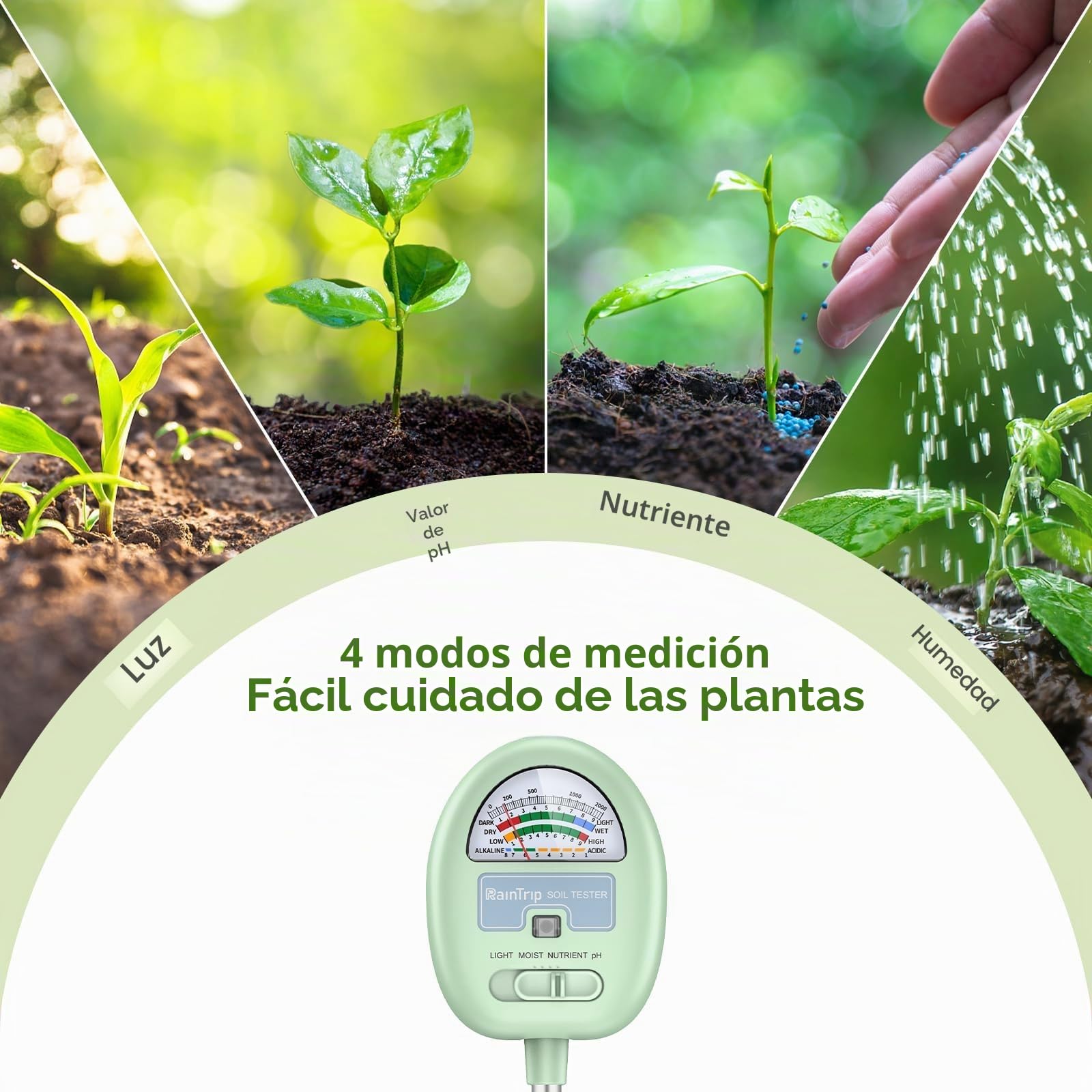 Medidor de humedad del suelo, medidor de pH del suelo 4 en 1, probador de suelo para humedad, luz, nutrientes, pH, granja, uso en interiores y exteriores (no requiere batería)