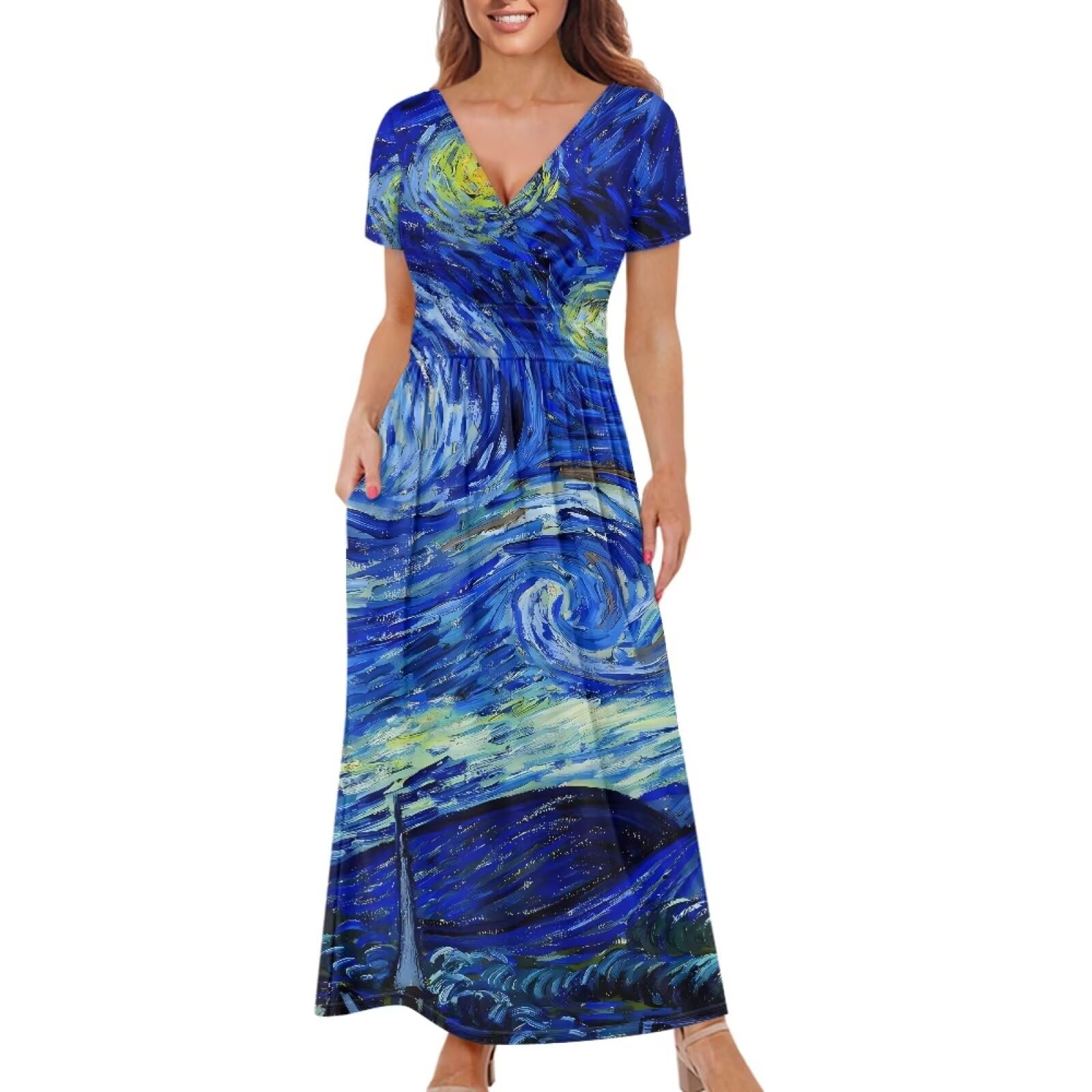 ZWPINITUP Women's Fall Summer Short Sleeve Ankle Length V-Neck Party Dress with Pockets Size S-3XL