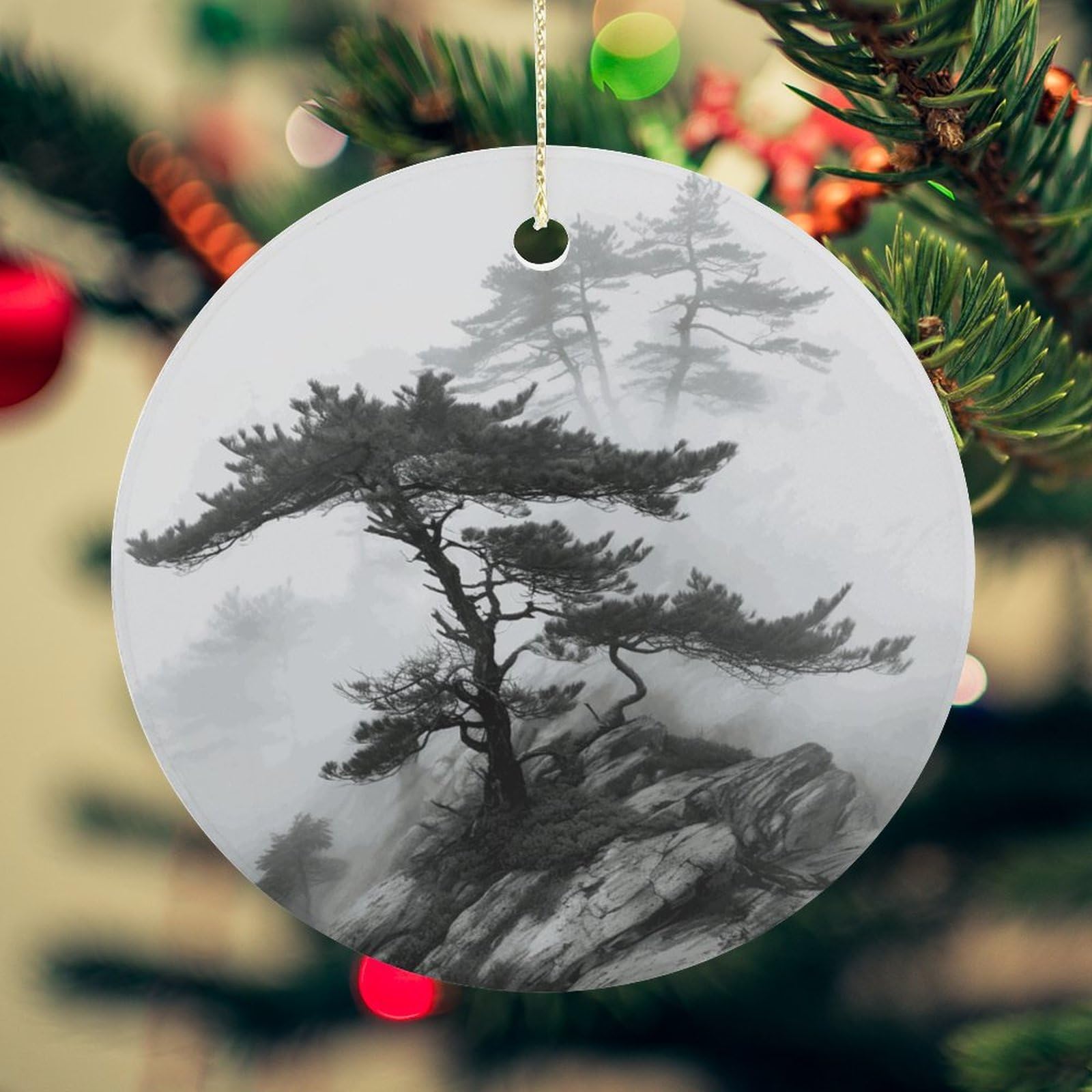 Foggy Mountain Pine Tree Christmas Ornament for Christmas Tree Ceramic Round Ornament Winter Holiday Keepsake Gift 2.7" Christmas Tree Hanging Decorations Circle Ceramic Pendant Xmas Gift