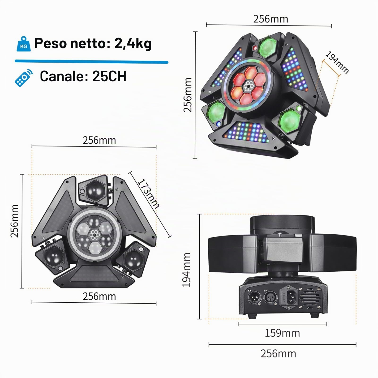 Luce da palcoscenico a LED Bee Eye a 3 bracci, 80 W RGBW, luce DJ con effetti multicolori, strobo DMX512 attivato dal suono per feste, club, bar, matrimoni e spettacoli da discoteca