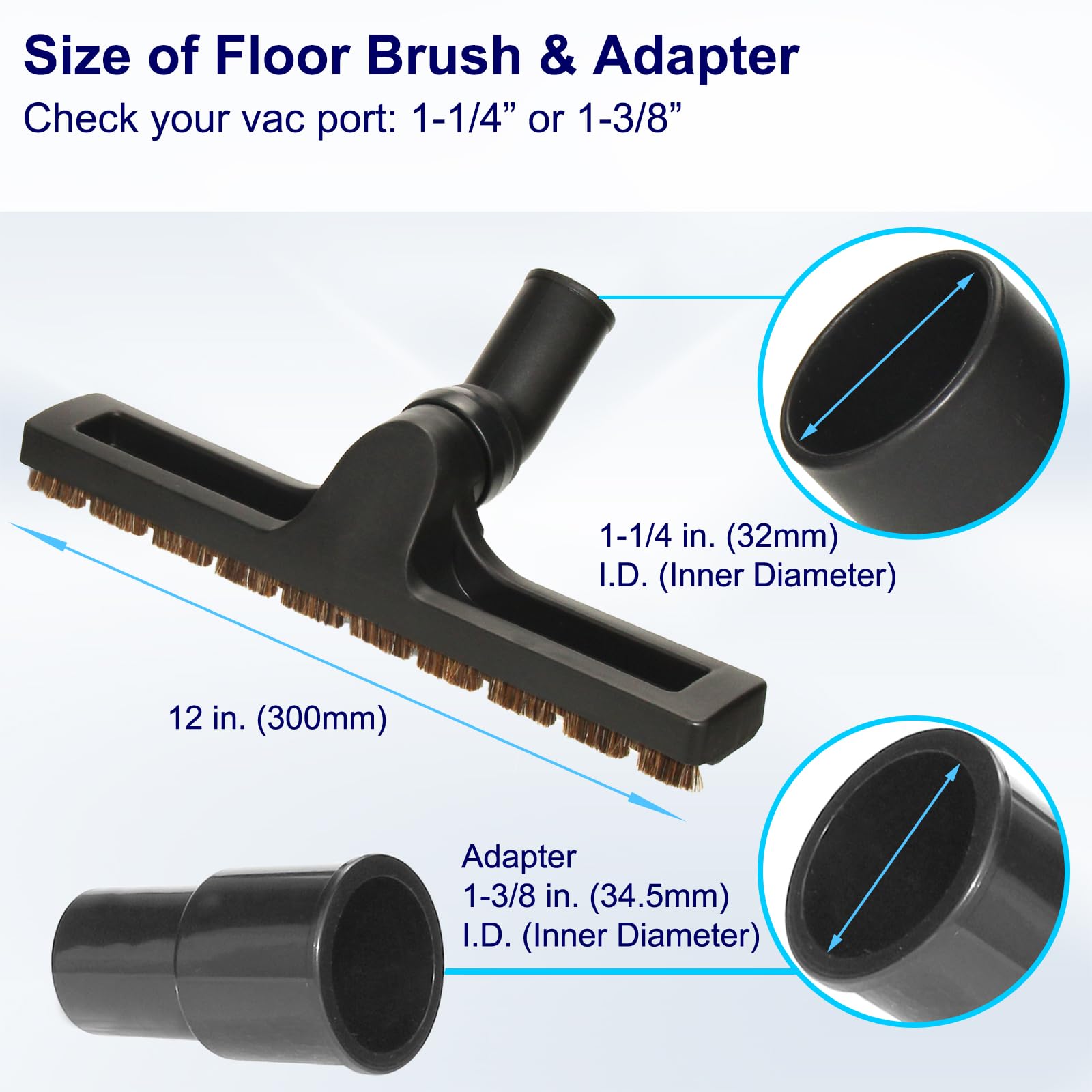 Cepillo de suelo universal de madera dura de 1 1/4 pulgadas con adaptador de manguera de vacío de 1 3/8 pulgadas, cabezal de suelo de 12 pulgadas de ancho (1-1/4 pulgadas de diámetro interior) con