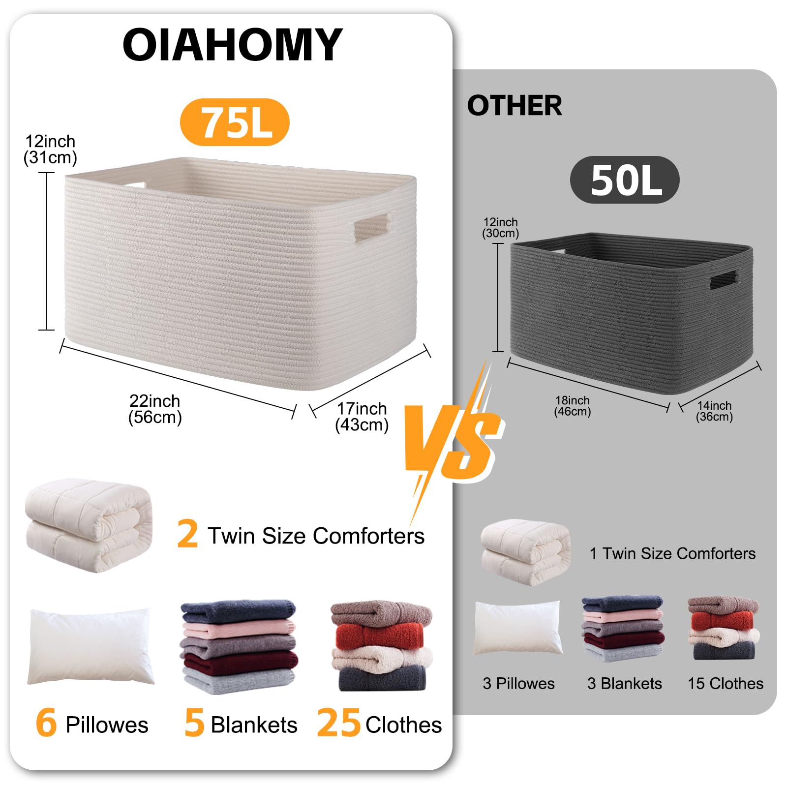 OIAHOMY Großer Baumwollseilkorb mit Griff, 75 l, gewebter Aufbewahrungskorb für Decken, Spielzeug, Wohnzimmer und Kinderzimmer, 56 x 43 x 30 cm, Weiß