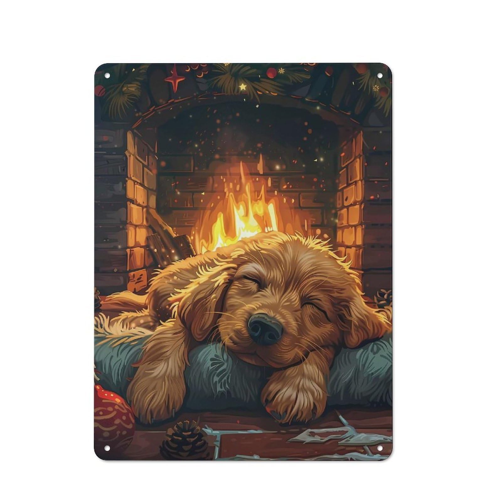 Junmoney Dog Sleeping By Fireplace Metal Wall Sign With Design 40X30cm, Weathered Look Workshop Wall Decor For Garage, Hobby Room, Office Or Man Cave