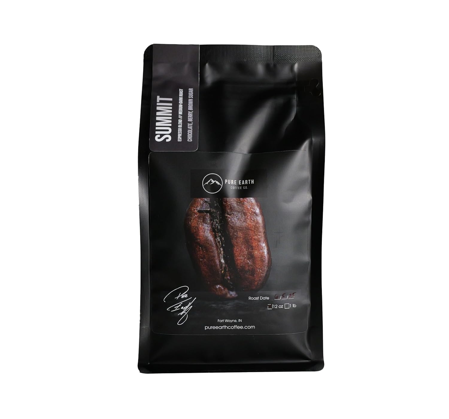 PURE EARTH COFFEE CO. Whole Bean Coffee, Summit Signature Blend, Medium Espresso Roast, Dark Chocolate, Berry, Creamy Brown Sugar 12oz