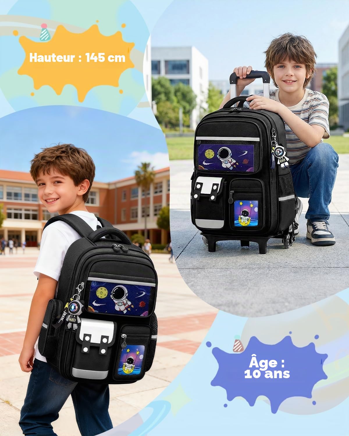 Amythe Cartable à Roulettes Garçon 6-10 Ans, 6 Roues, Noir | Sac à Dos École Primaire avec Chariot Démontable, 20L avec Bandes Réfléchissantes pour Enfants, Rentrée scolaire
