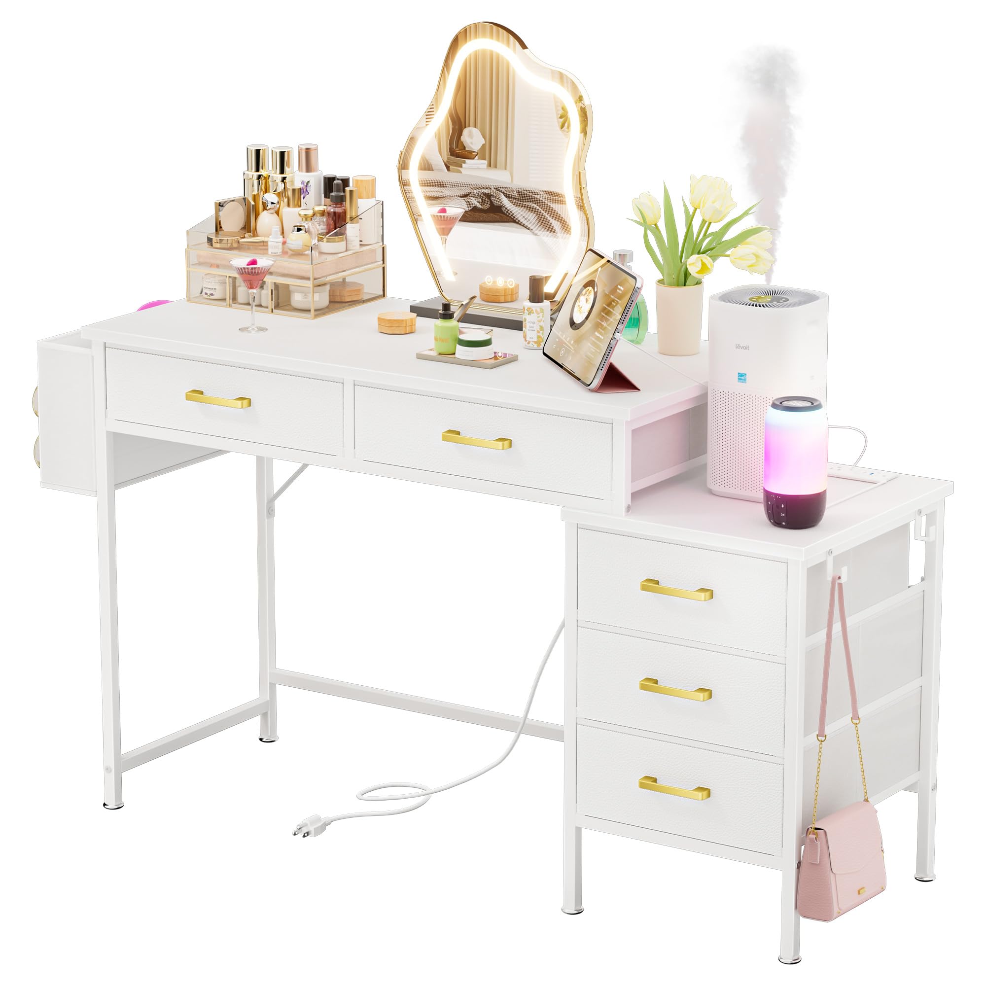 Scrivania per computer, Scrivania Ufficio con 5 Tessuto Cassetti, scrivania con Presa di Corrente, 2 Prese CA, 2 Porte USB, per Tastiera Ufficio Casa, Bianco 130 x45x78cm