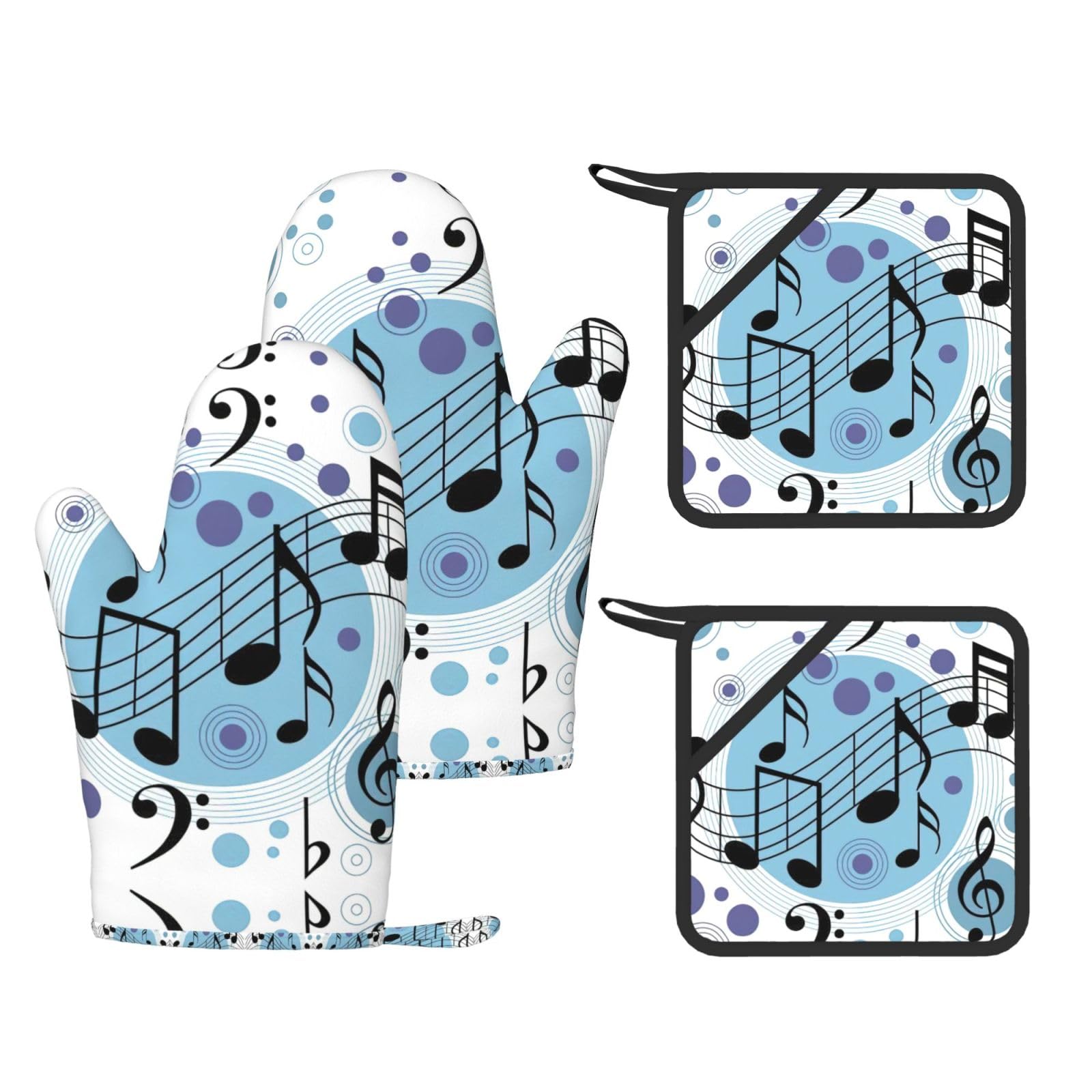 Polka Dot Music note Printed Potholder and Oven Mitt Set of 4, High Heat Resistant Cooking Gloves for BBQ Grilling