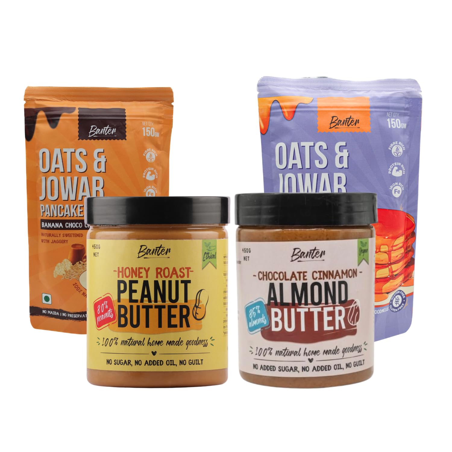 Brekkie and Brunch Combo – Classic & Banana Choco Chip Pancake Mix, Honey Roasted Peanut Butter, Chocolate Cinnamon Almond Butter