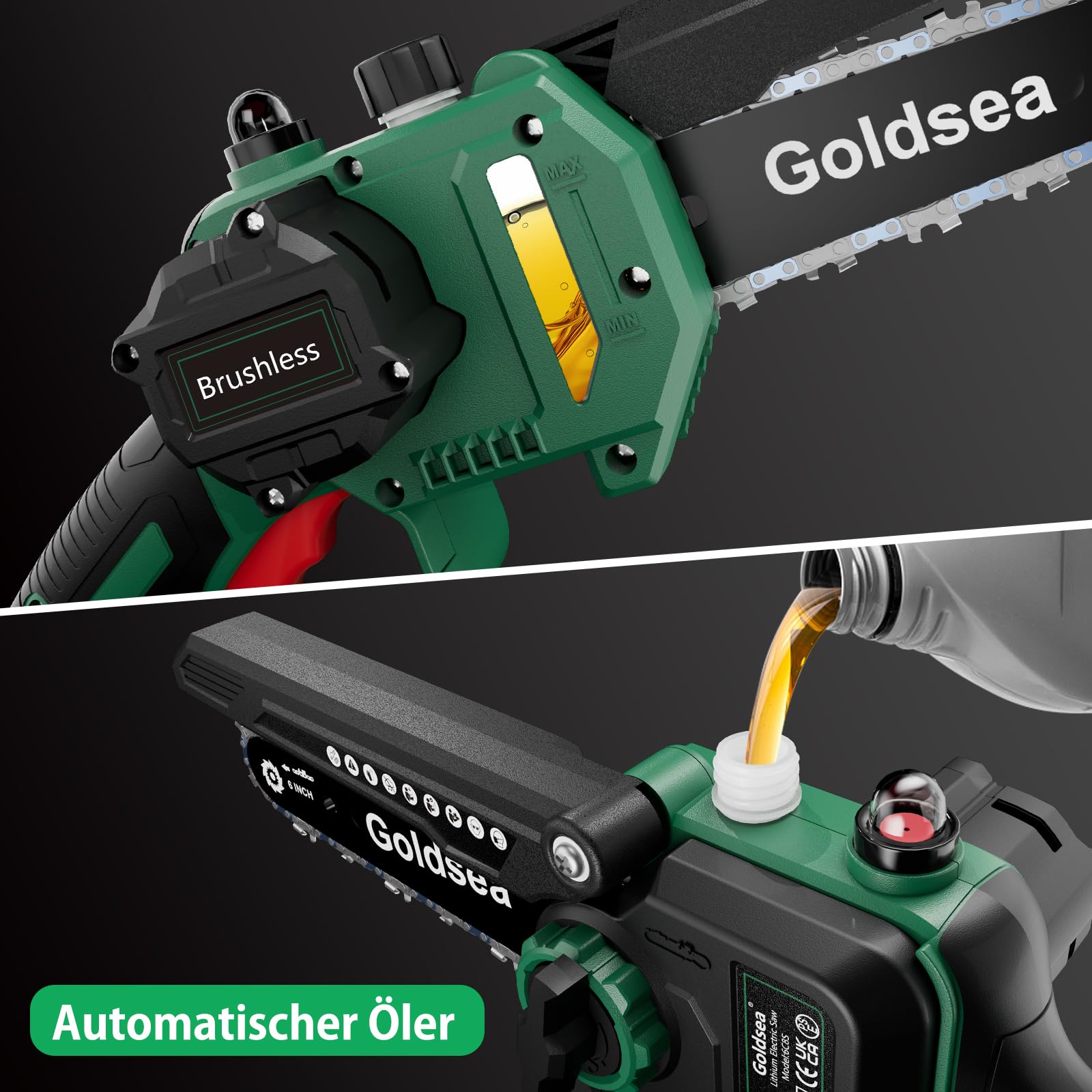 Goldsea Mini Kettensäge mit Akku, 6 Zoll Akku Kettensäge mit Akku und Ladegerät, Bürstenloser Motor, Automatische Kettenschmierung und Werkzeuglose Kettenspannung, Tragbar Akku Handkettensäge