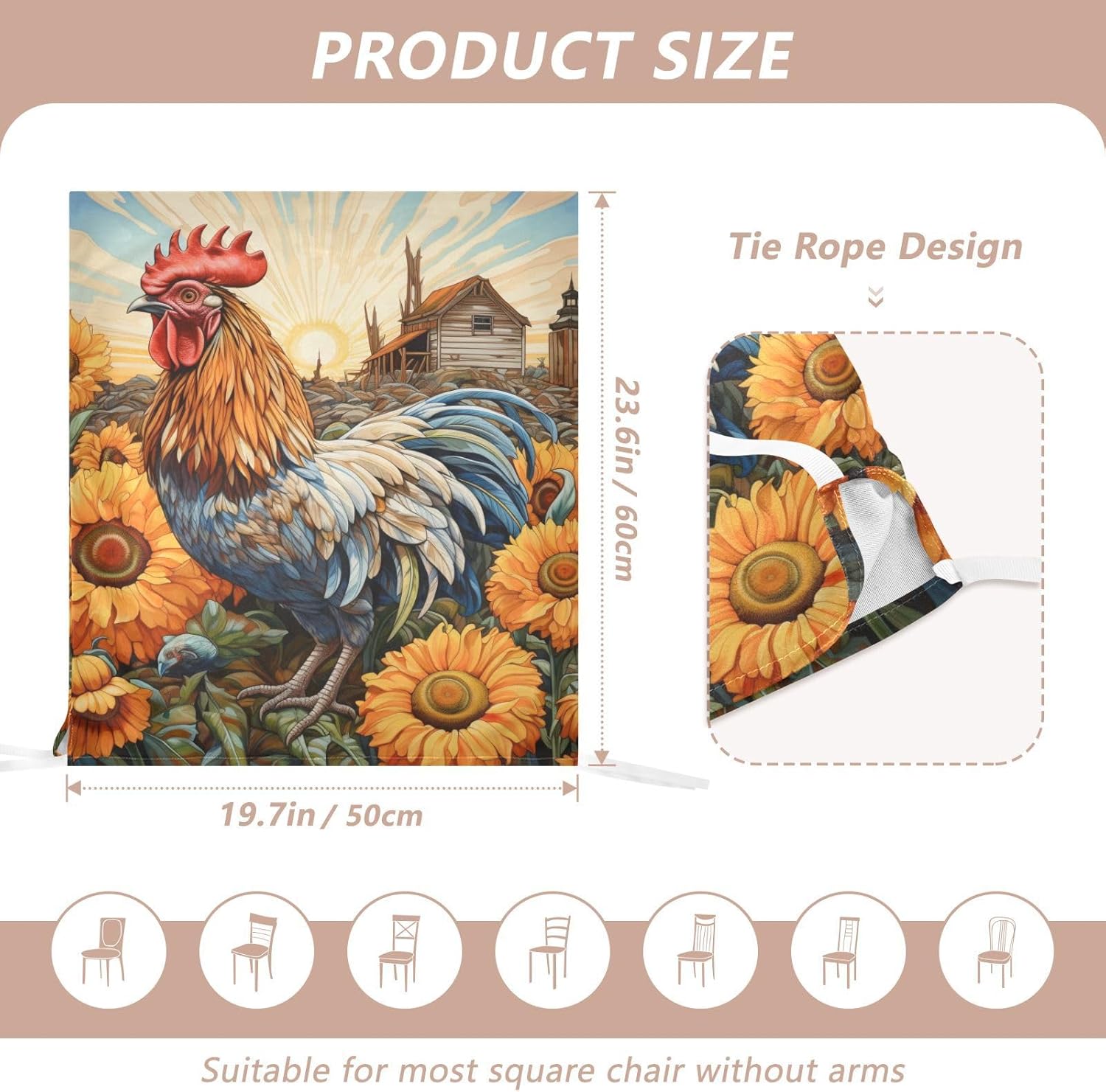 ALAZA Sunflowers Rooster Countryside Chair Back Cover Set of 6, Washable Reusable Removable Chair Slipcovers Decorative Chair Cover for Home Kitchen Wedding Party