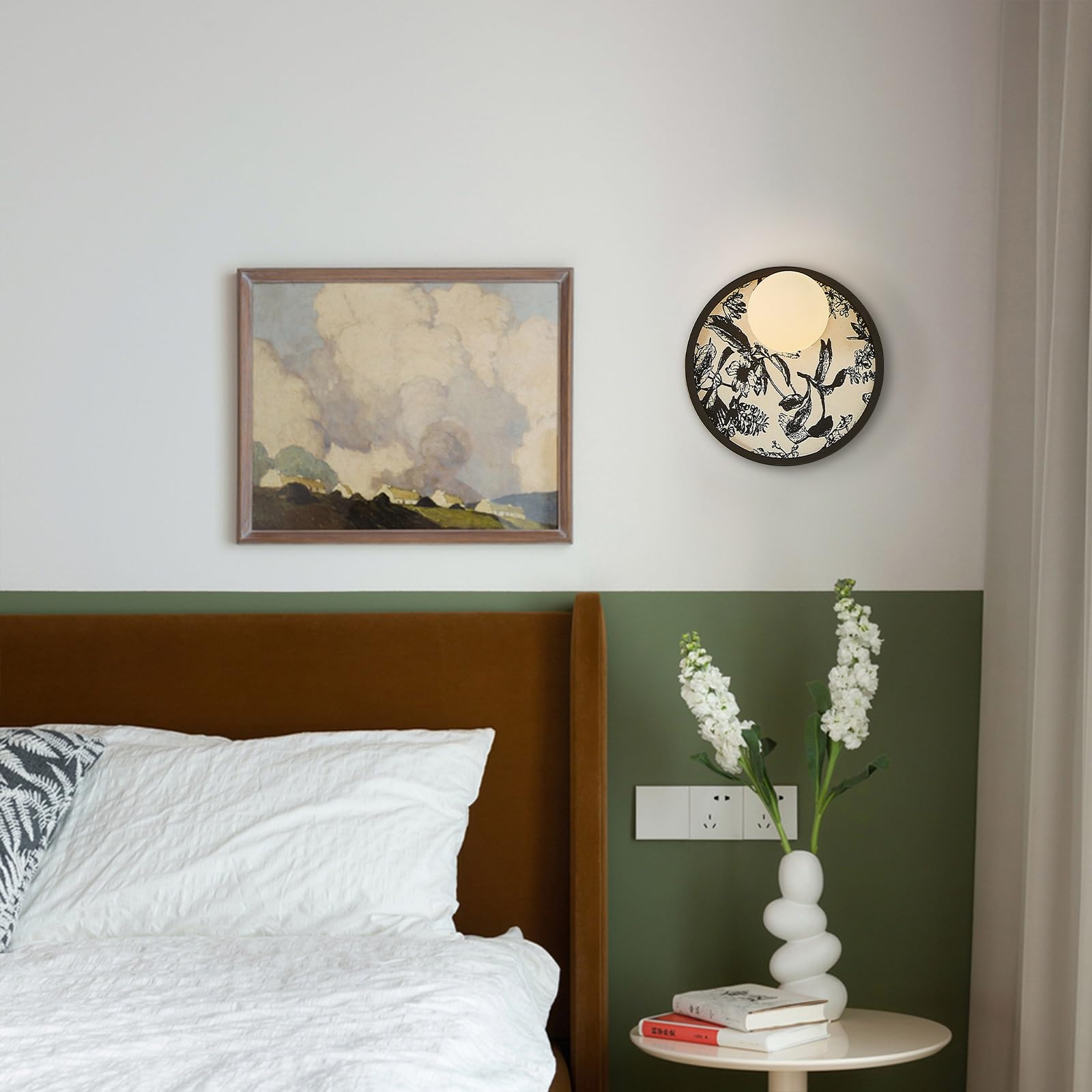 Applique da Parete in Tessuto Stile Mid Century con Paralume in Vetro, apparecchio di Illuminazione Moderno, Lampada da Interni con Cablaggio Fisso per Camera da Letto, Comodino, s