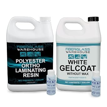 Fiberglass Warehouse Polyester Resin Gallon and White Gel Coat No Wax Gallon Kit- Includes Catalyst, Easy Application, Ideal for Fiberglass, Repairs, Deck and New Parts, Marine Grade