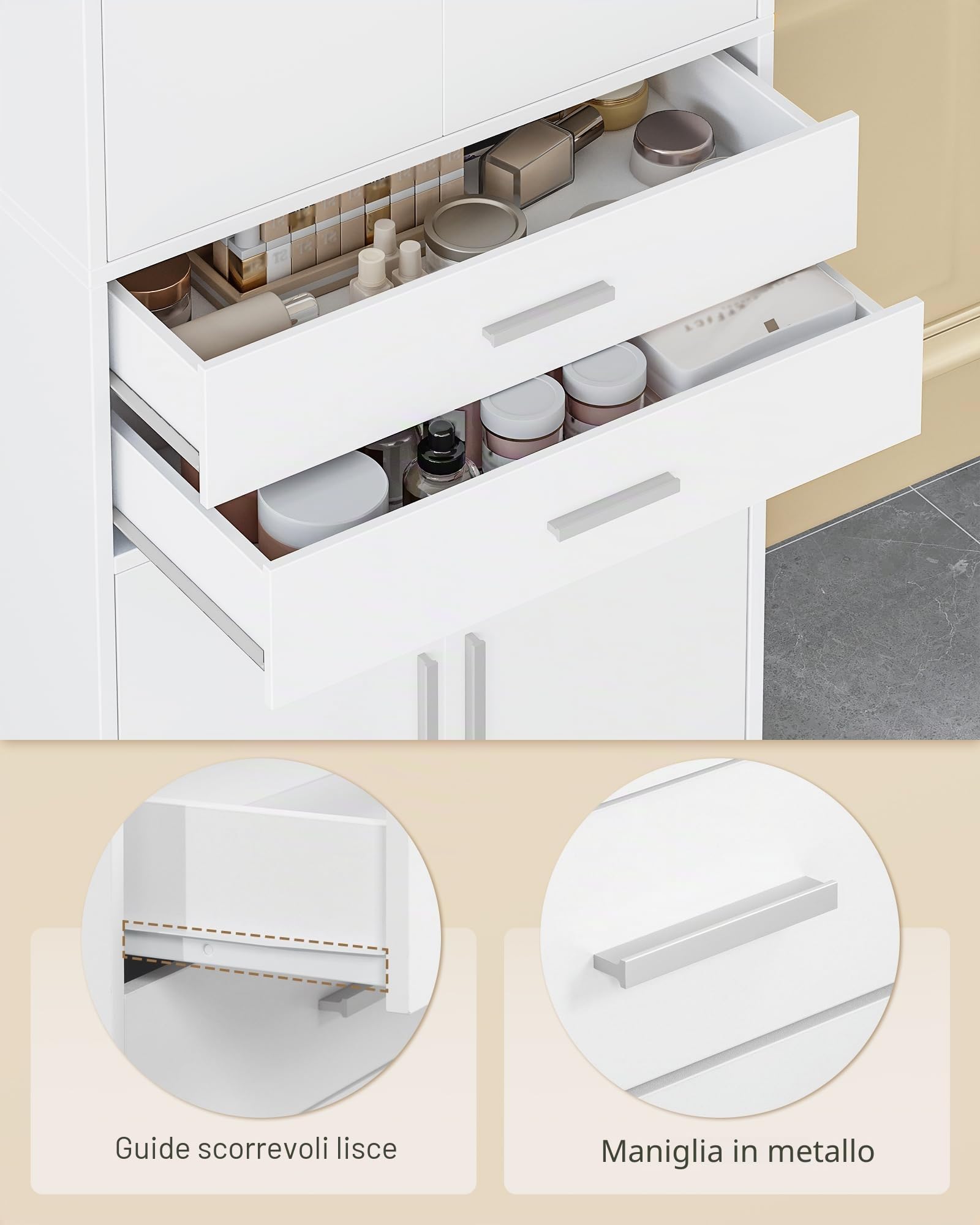 Hzuaneri Mobile Bagno, Alto, Colonna Bagno, 2 Cassetti e 4 Ante, Ripiani Regolabili, Ampio Spazio di Archiviazione, 30 x 60 x 125,5 cm, Moderno, per Soggiorno, Bagnos, Bianco SC60003X