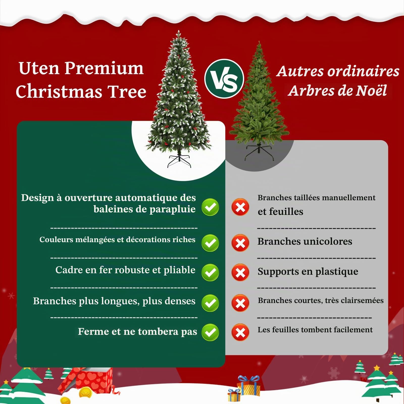 Uten Sapin de Noël Artificiel 150 cm, PE Arbre Noël Flocon Neige Luxe Décoration Intérieur, 500 Aspect Naturel Branches en PVC & PE, 23 Groupes Baies Rouges, Branches de Charnière, Réutilisable