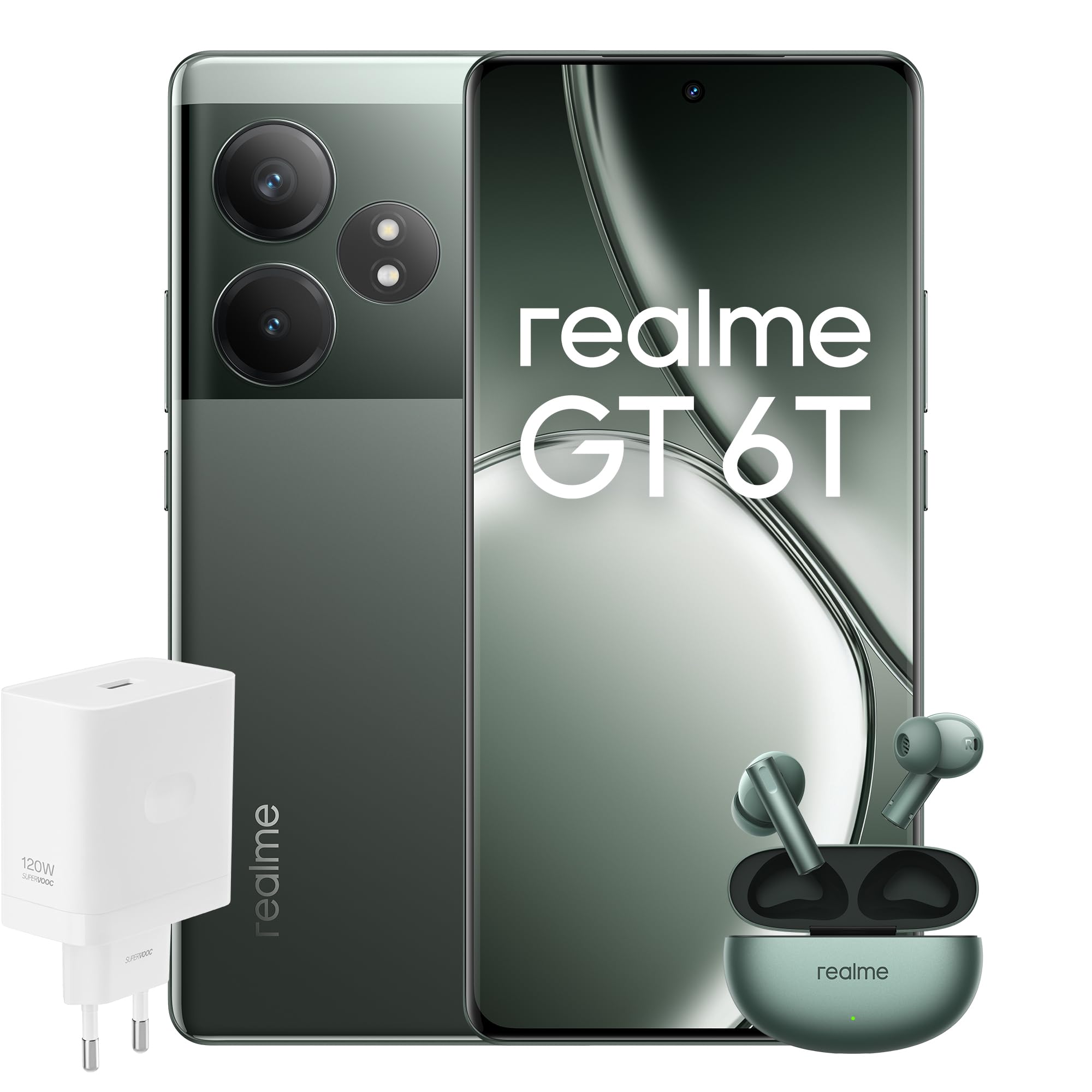 realme Smartphone GT 6T 256GB 8GB Razor Green EU + Buds Air 6 Forest Green EU + SUPERVOOC 120W Power Adapter White