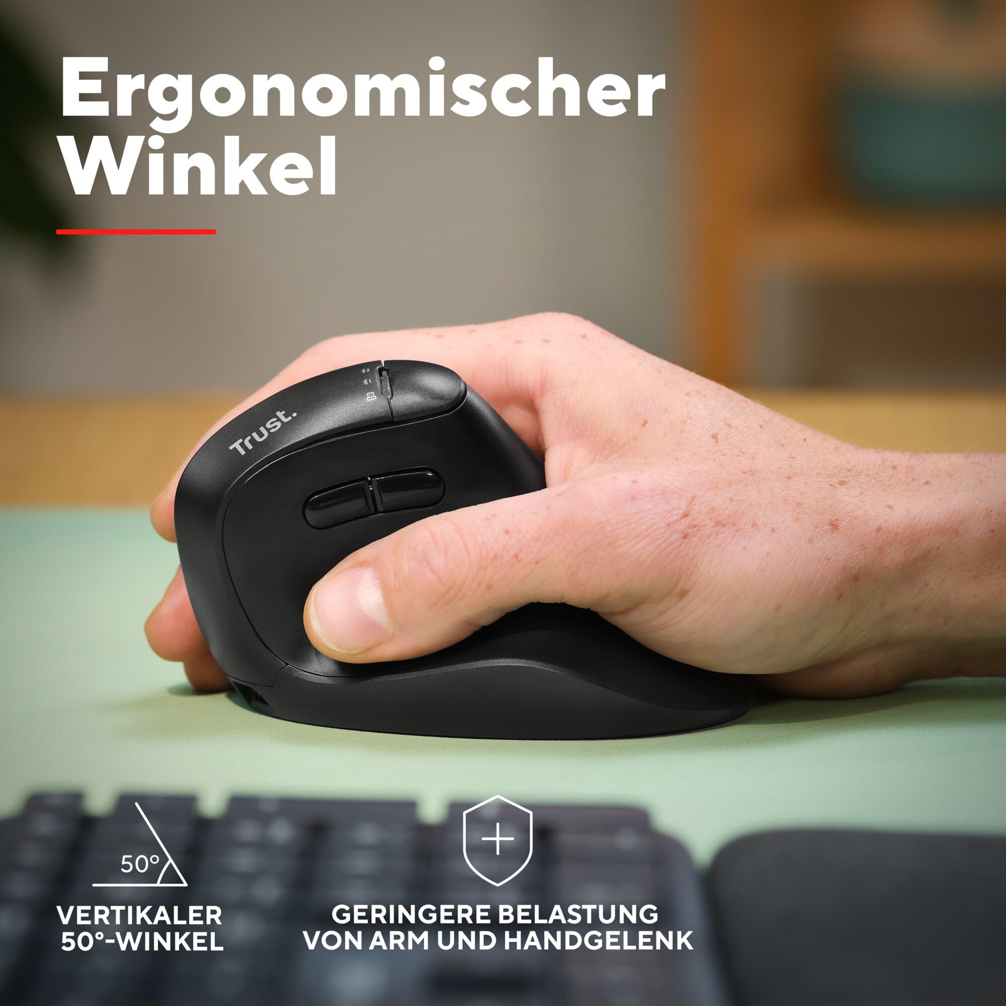 Trust Vyran Kabellose Ergonomische Maus Ultraschnelles Scrollrad, Schwarz | Horizontales Scrollen, Bluetooth + 2.4GHz, Leise Tasten, 85% Recyclingkunststoff, Mehrgeräte Vertikale Funkmaus
