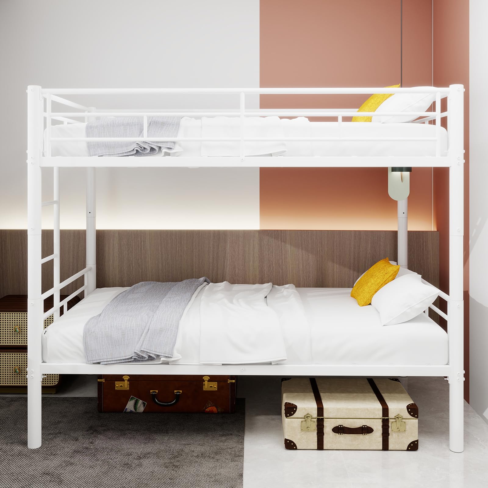 Cama alta para niños, litera de metal, convertible, 2 camas, no requiere caja de muelles, con escalera y barandilla de longitud completa, para adolescentes y adultos (blanco A, 90 x 190 cm)