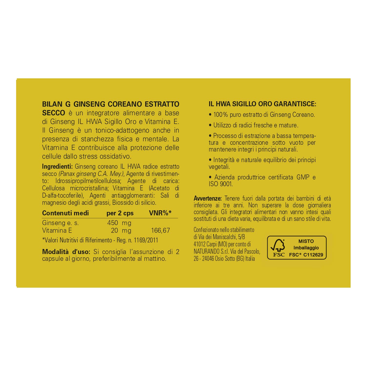 Naturando Bilan G Complemento Alimenticio A Base De Ginseng Sello Oro y Vitamina E en Extracto Seco - 40 Cápsulas