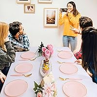 Vista 7 de LIYH 96 piezas de platos desechables de postre y tenedores de oro rosa - Juego de platos de plástico de 19 cm para ensalada, pastel y aperitivos