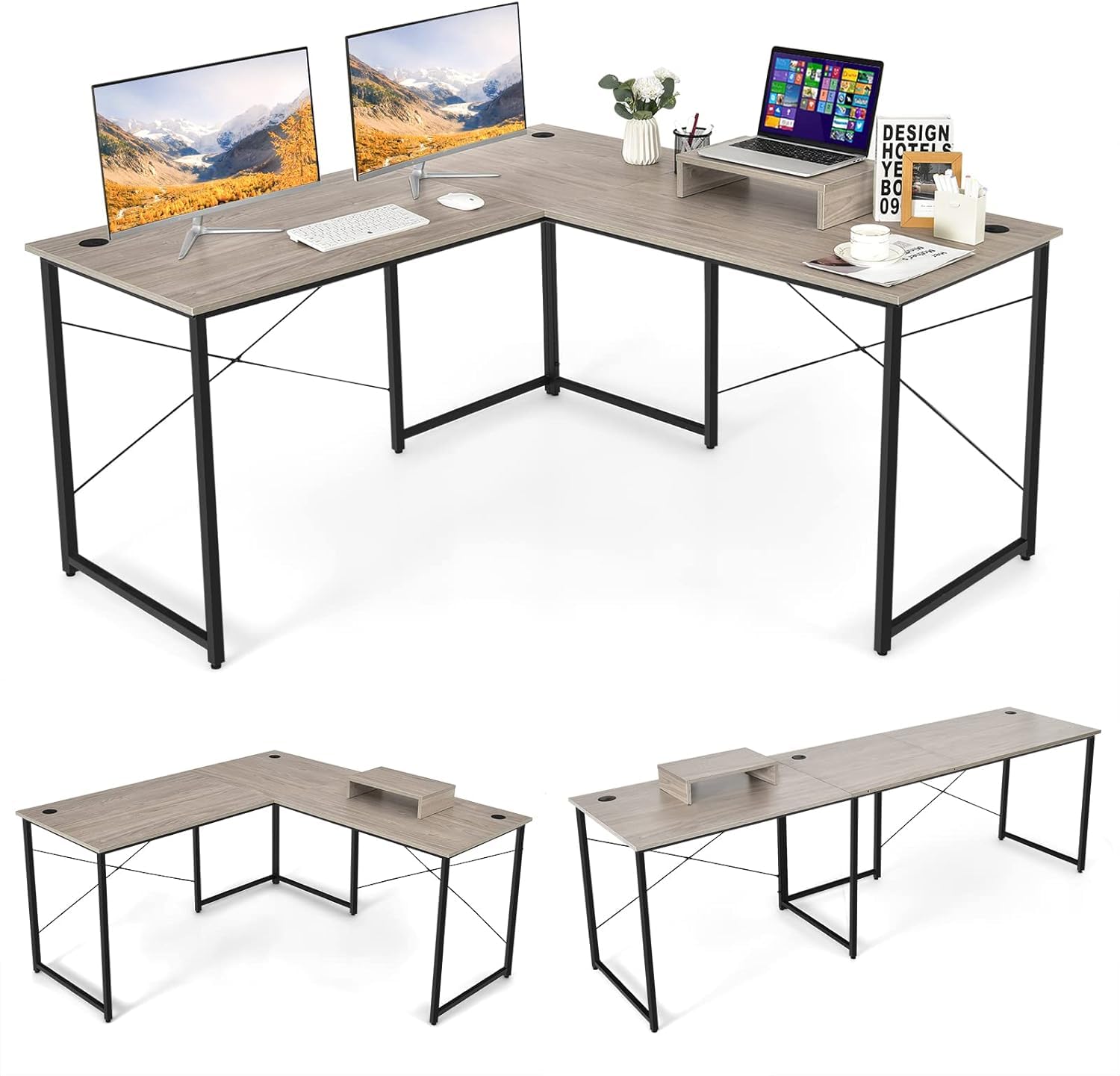 FANTASK 150 x 150 x 74 cm Escritorio en Forma de L Gris Claro rústico, Mesa esquinera con 3 Agujeros para Cables, Escritorio de Esquina Reversible con Soporte para Monitor, Mesa de Ordenador para