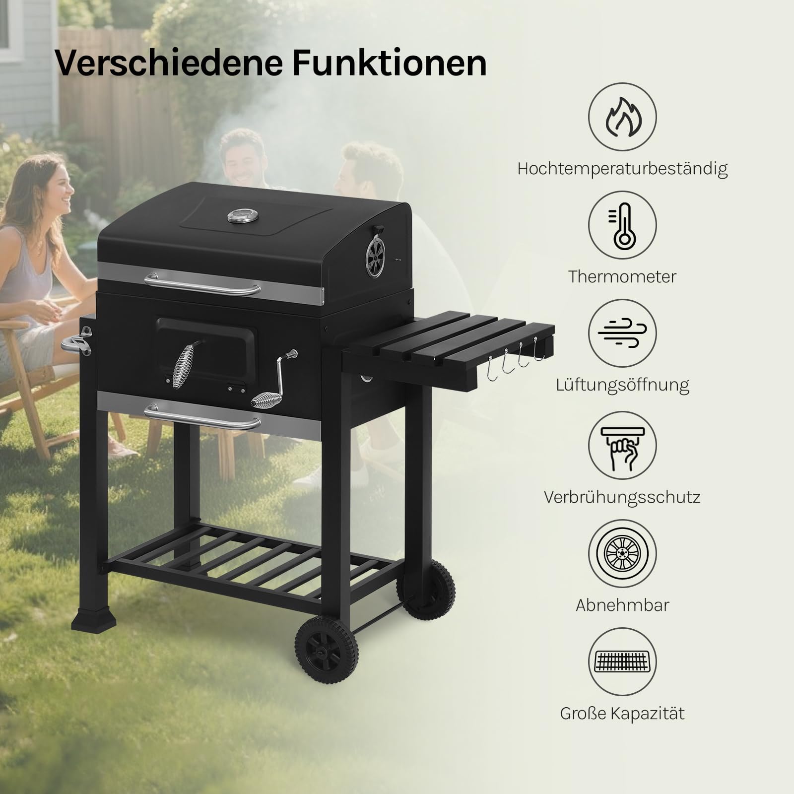 WOLTU Holzkohlegrill mit Deckel, große Grillfläche, variable Kohlewanne, Smoker Grill BBQ mit Grillrost, Thermometer, Grillwagen für Camping, 117 x 107 x 71 cm, Schwarz