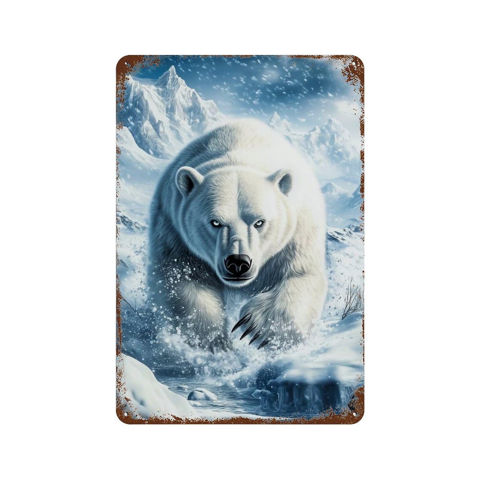 Polar Bear in Snowy Landscape Distressed Metal Wall Sign 11.8"x7.9", Ideal for Pub, Kitchen And Man Cave Decor