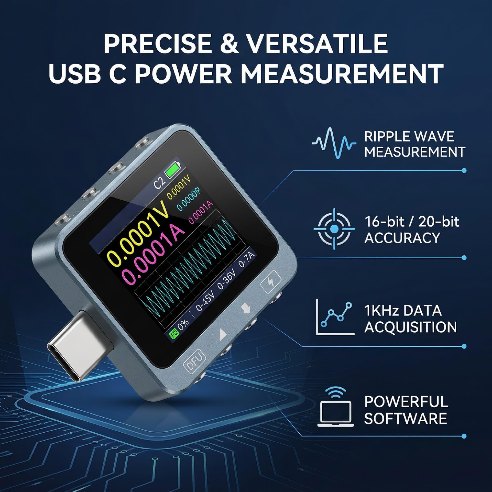 YWBL-WH Testeur USB C 0 à 36 V 0 à 7 A avec écran Couleur IPS de 1,54 Pouce