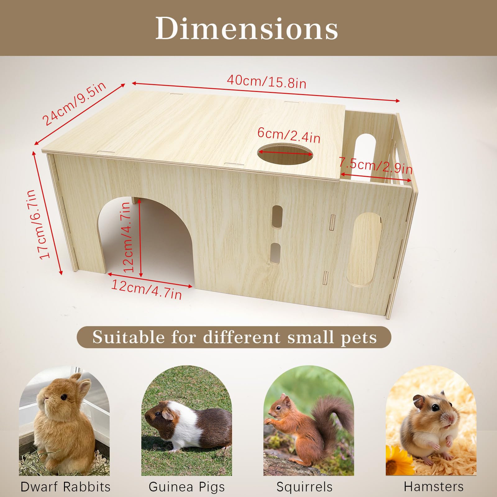 Heuraufe Meerschweinchen Haus aus Holz, Groß Versteck für Zwerg Hamster Rennmäuse Degus Stachelmäuse Kaninchen, Kleine Haustiere Spielzeug Zubehoer, 40x17x24cm