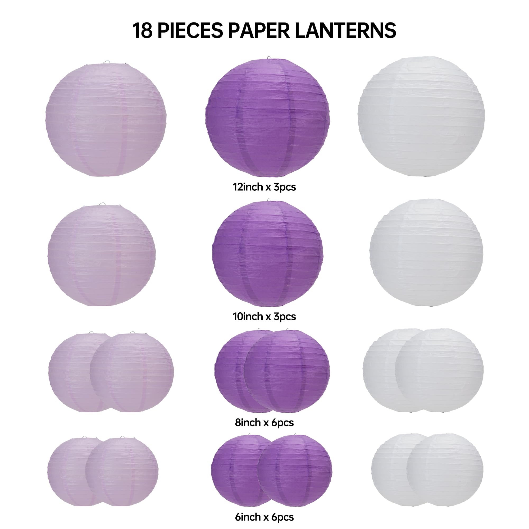 BESKIT Paper Lanterns 18 PCS Round Hanging Paper Lanterns Decorations for Wedding Baby Shower Birthday Party Anniversary Decorations (Purple/Light Purple/White)