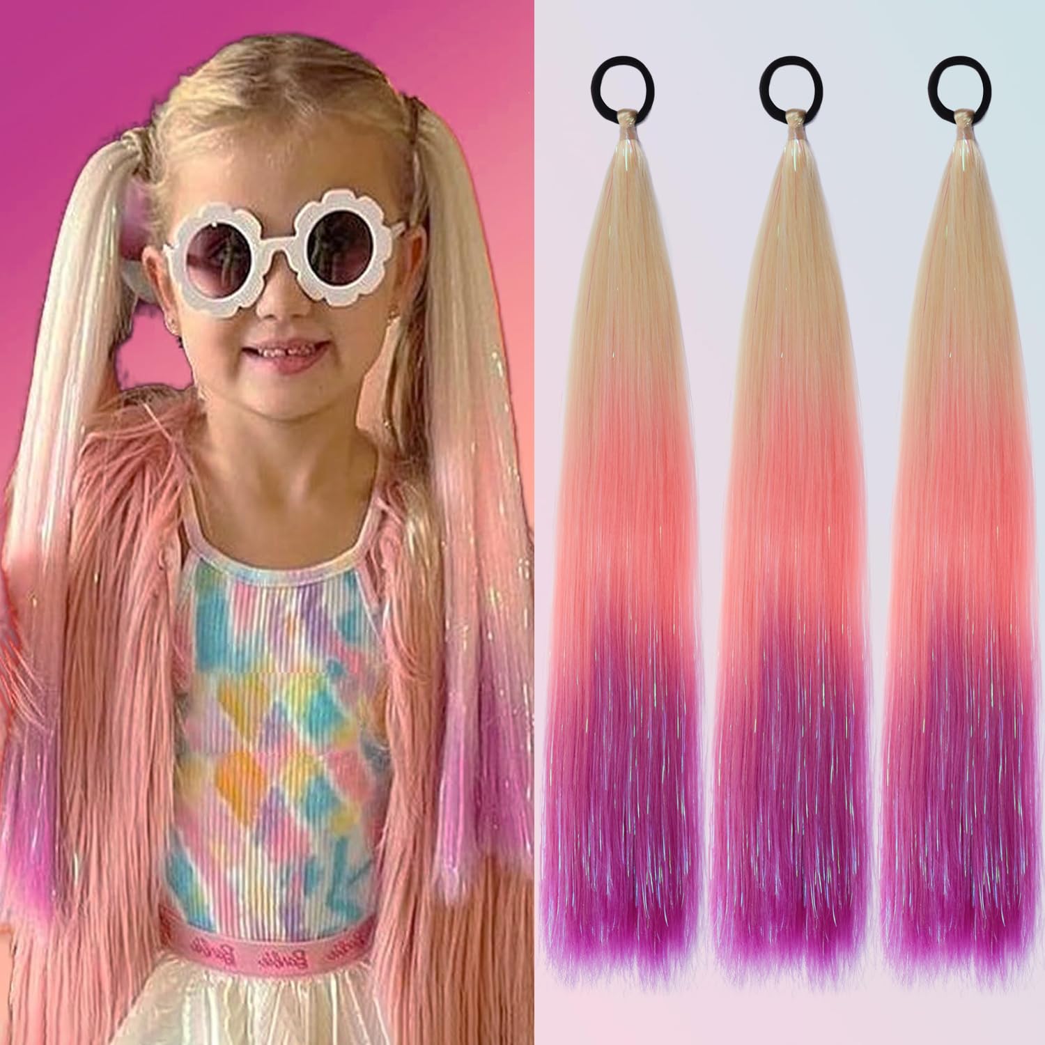 PORSMEER 3 Pcs Rainbow Hair Extensions With Elastic Tie,3 Tone Mermaid Hair for Braiding Crochet,Synthetic Braided Ponytail Extension for Women,Glitter Hair for Festival/Party(Blonde/Pink/Purple) - Image 4