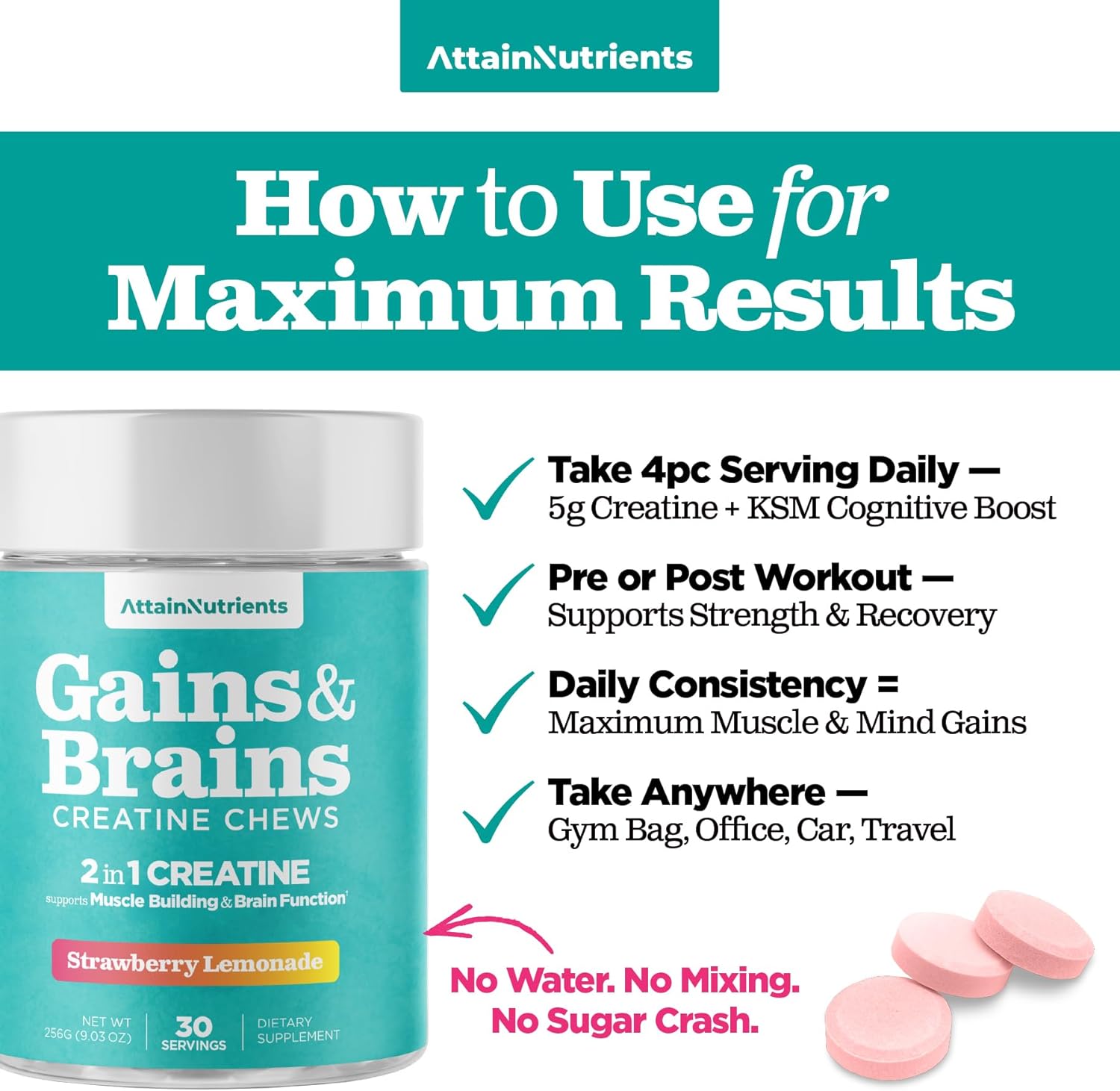 Creatine Chews - 5000mg Creatine Monohydrate Tablets for Men & Women with Ashwagandha KSM-66 - Low Sugar Muscle Support & Cognitive Boost - Gummy Alternative - 120 Count (Strawberry Lemonade)