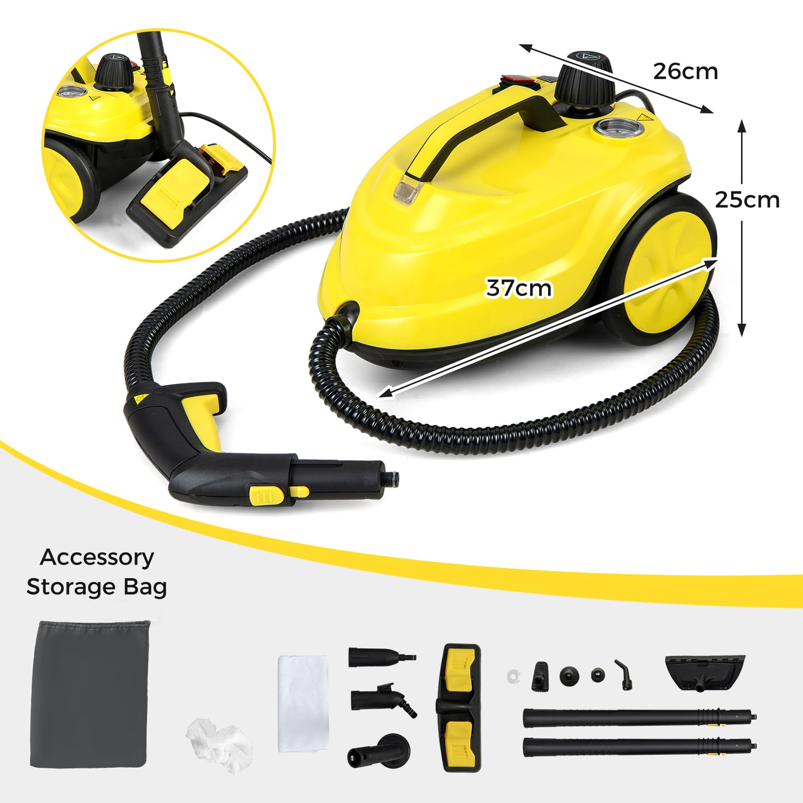 SOARS Potente Pulitore a Vapore 2000W, 14 Accessori, Pressione Massima 5 Bar, Temperatura 160℃, Riscaldamento Rapido 8 Minuti, Serbatoio 1,8L, per Pavimenti, Divani, Cucina, Superficie 108 m² (Giallo)