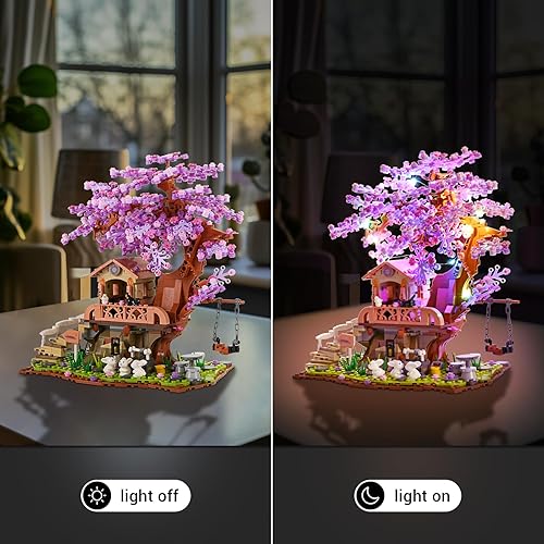 Miniatura 5 de JOJO&Peach Juego de construcción de jardín de cerezo en flor con luz LED, juego de modelo de árbol bonsái de amigos para niños, juguete de regalo de