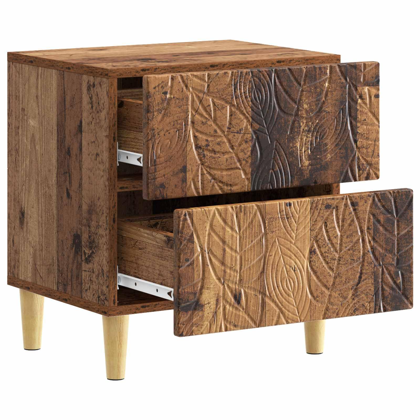 Nachttisch 2er Set Altholz 43x34,5x48 cm Beistelltisch | Kompakte Nachtkommode im Doppelpack mit Schubladen für Schlafzimmer und Wohnzimmer auf stabilen Massivholzbeinen.