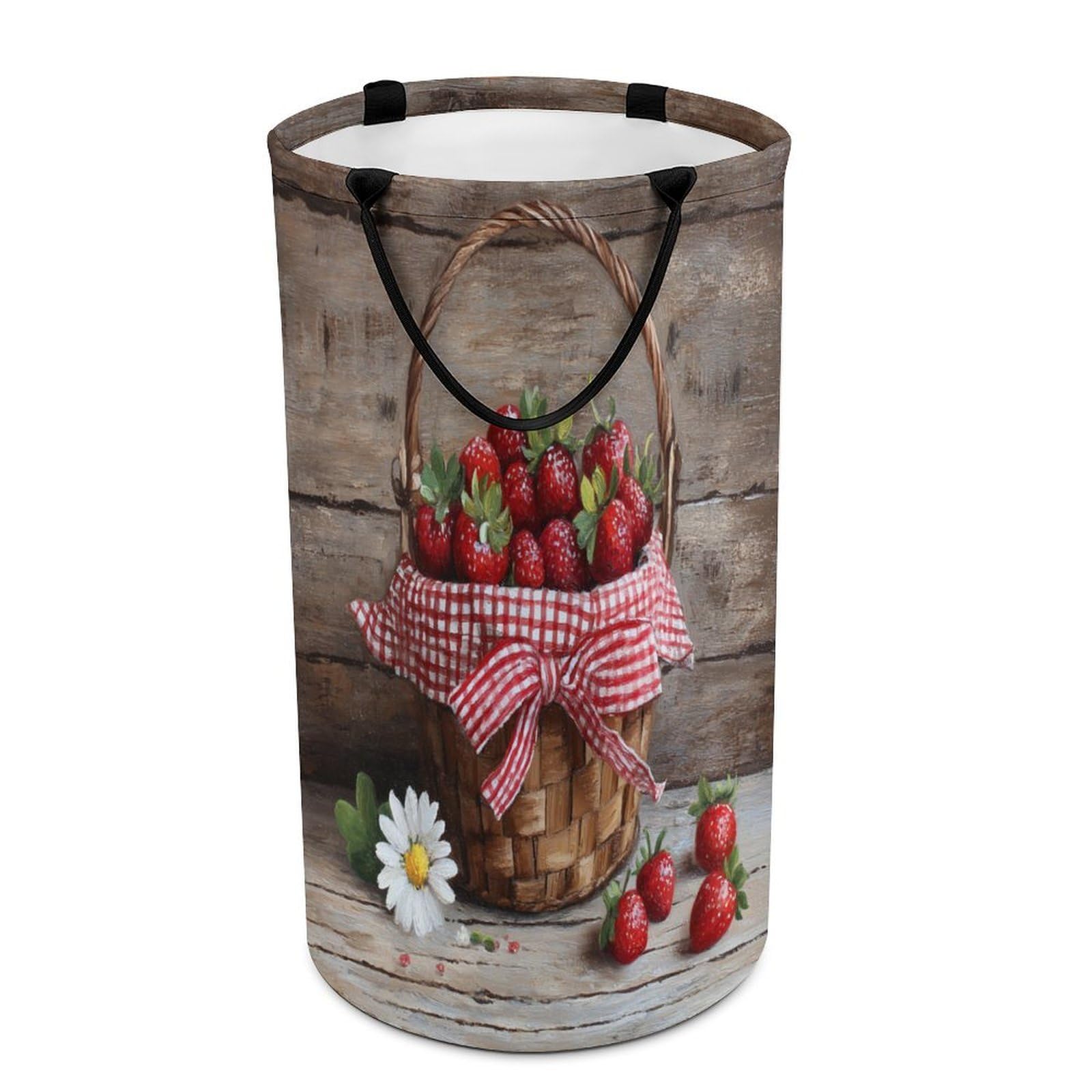 LUYYSKY Classic Rustic Fruit Strawberry Versatile Storage Laundry Basket, Vintage Oil Painting Wooden Board Daisies Flowers Strawberry Large Capacity Bathroom Hamper With Handle