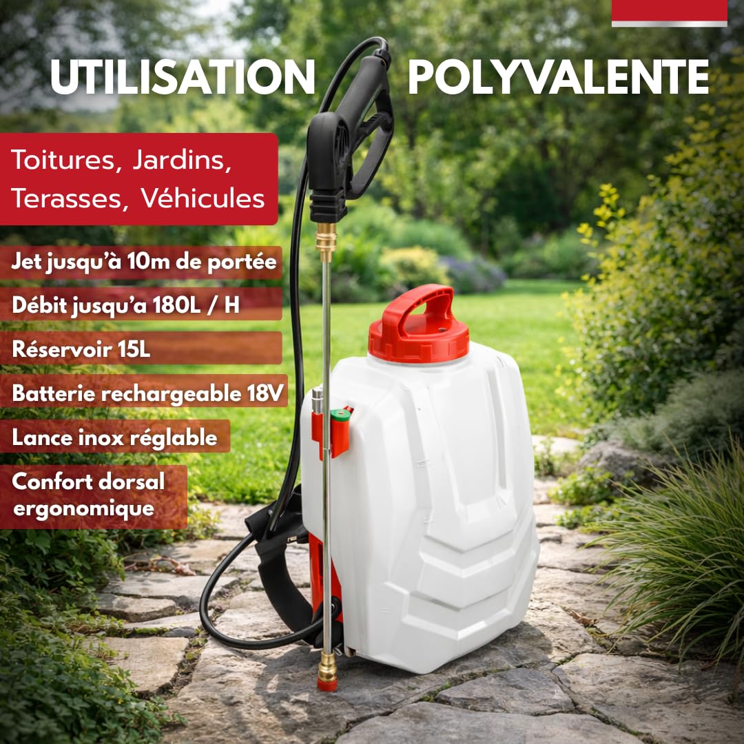 Pulvérisateur Électrique Dorsal 15L – Pulvérisateur à Dos à Batterie Rechargeable, Débit 180 L/H, 2 Batteries, Blanc et Rouge