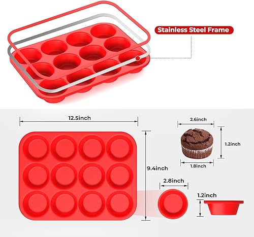 Miniatura 2 de Molde de silicona para panecillos para hornear Molde para magdalenas de 12 tazas con marco reforzado de metal, moldes de tamaño regular para